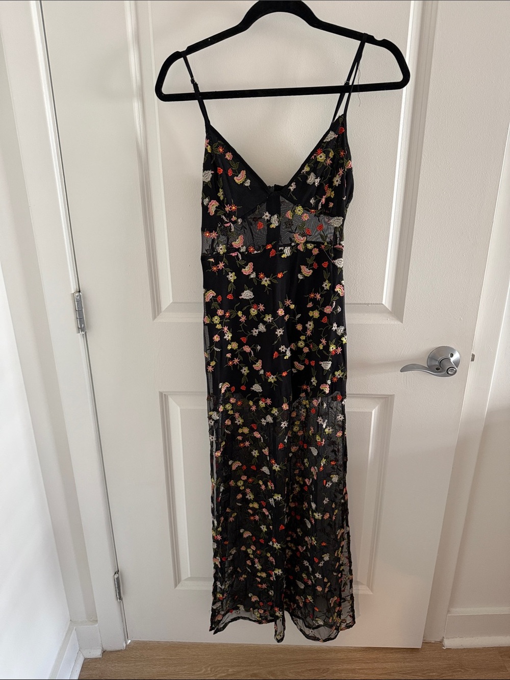 Honey Punch Black Maxi Dress with Multicolor Floral Embroidery